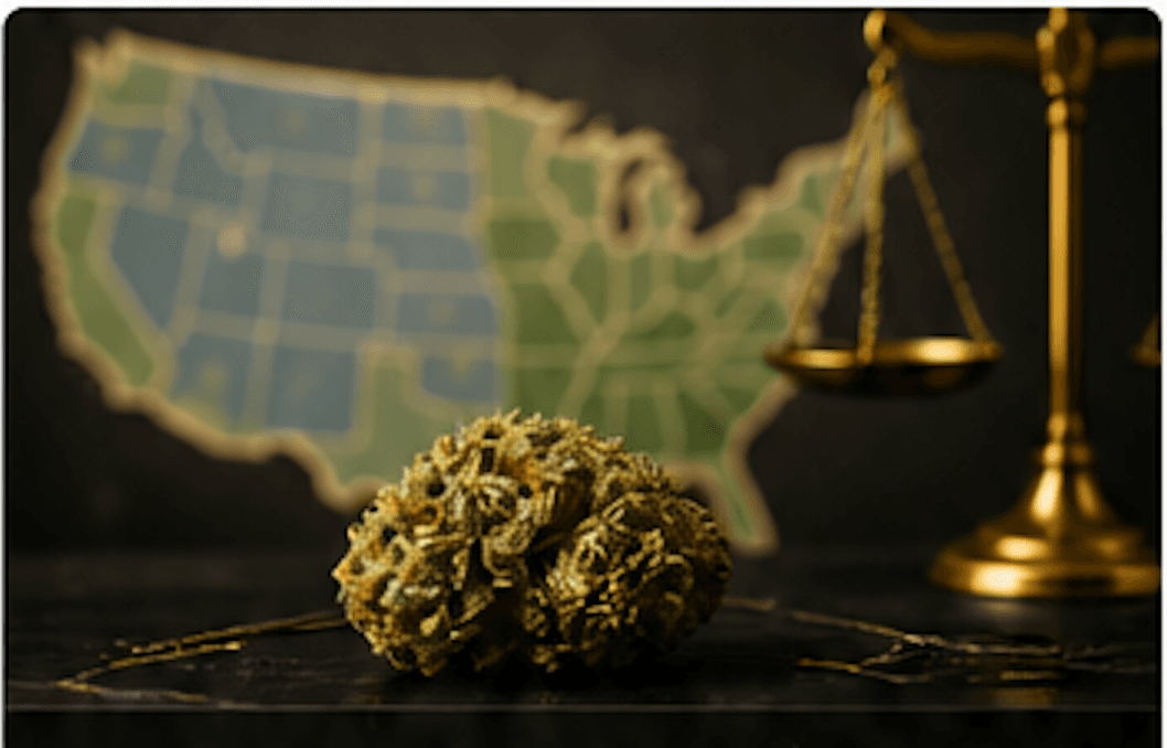 THCA flower beside a U.S. map outline and scales of justice — illustrating the federal vs. state legal framework.